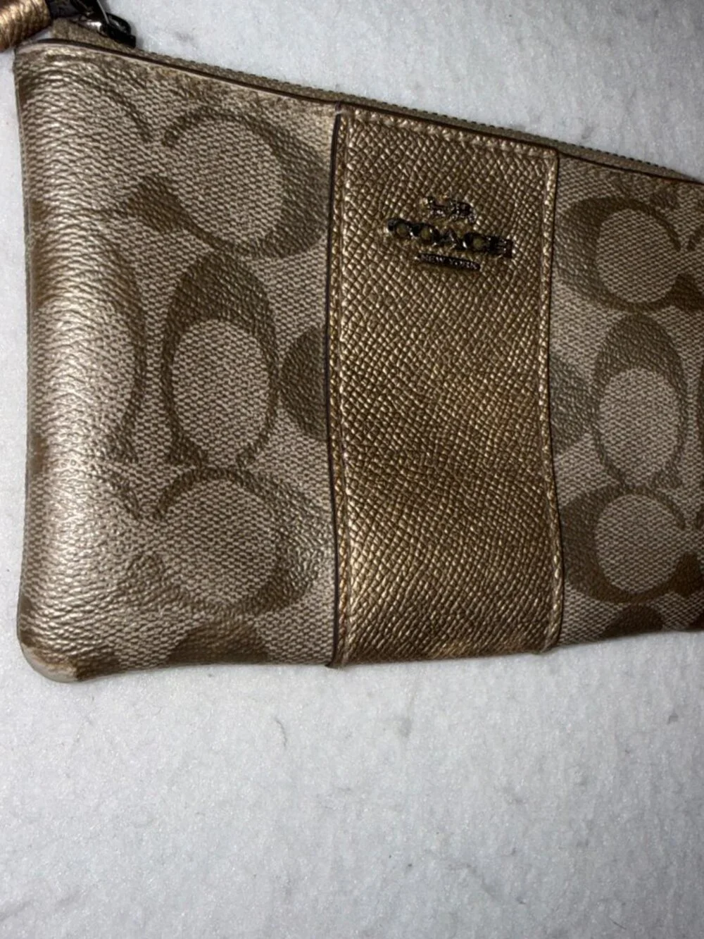 VINTAGE Y2K Coach Metallic Gold Logo Wristlet Small Designer Bag Zip Closure